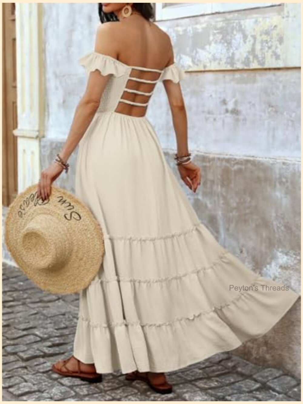 Off Shoulder Maxi Dress Smocked Backless Flowy Tiered Beach Sundress - Picture 4 of 7